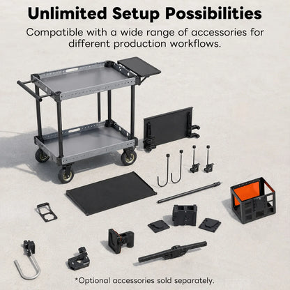 DigitalFoto TITAN LITE 36" Lightweight Video Cart surrounded by various accessories to extend its versatility
