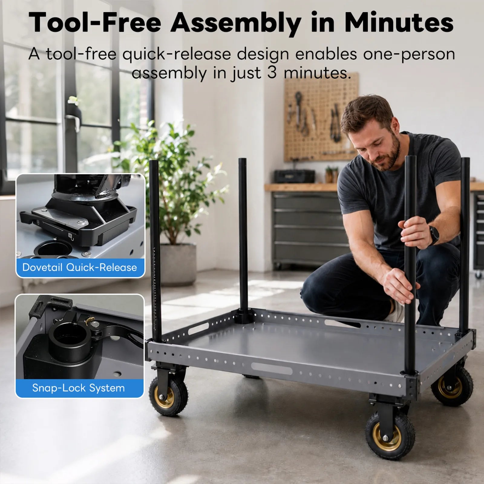 Person assembling the DigitalFoto TITAN LITE 36" Lightweight Video Cart with tool-free assembly features in a home setting.