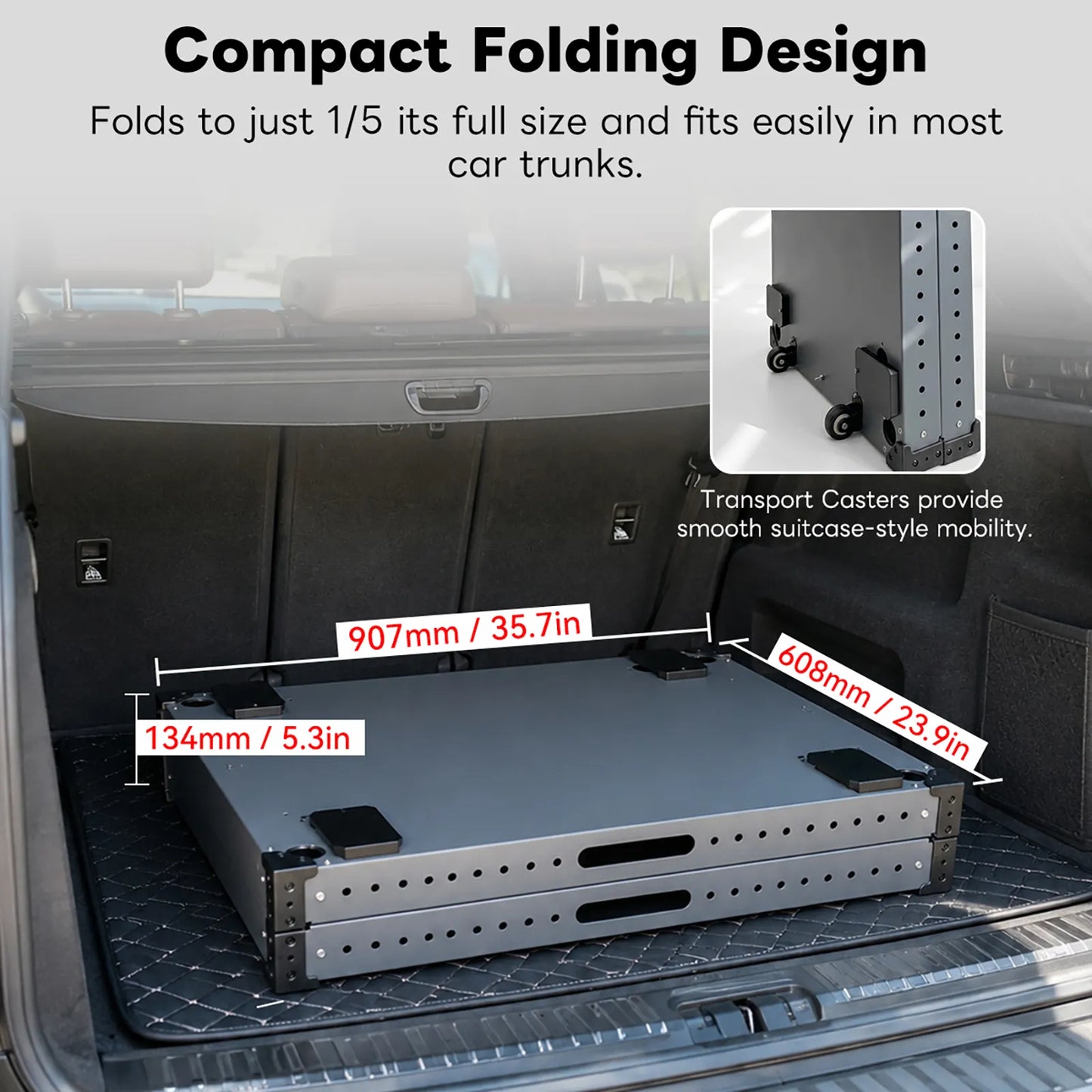 the DigitalFoto TITAN LITE 36" Lightweight Video Cart folded, and placed in the back of a car
