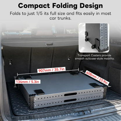 the DigitalFoto TITAN LITE 36" Lightweight Video Cart folded, and placed in the back of a car