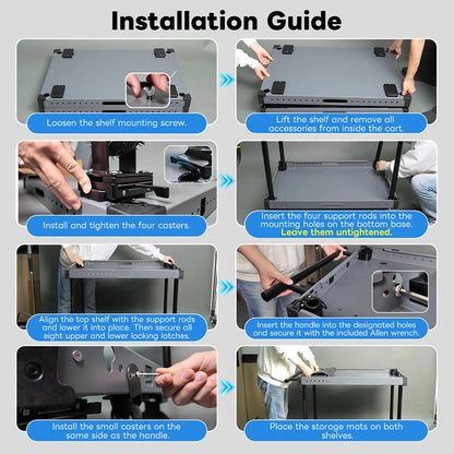 Step-by-step installation guide for a storage cart with labeled actions and text.