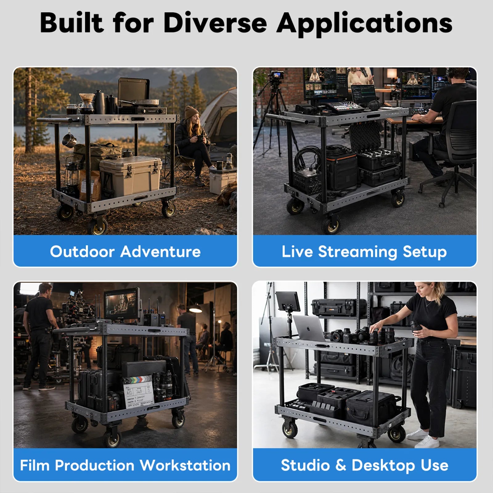 Collage of a mobile workbench used for outdoor adventure, live streaming setup, film production, and studio use.