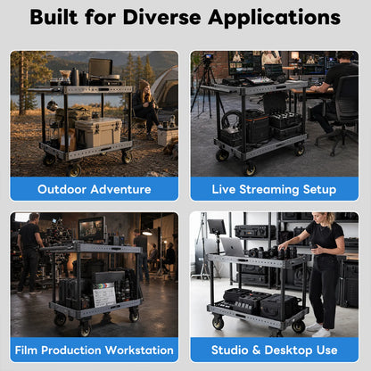 Collage of a mobile workbench used for outdoor adventure, live streaming setup, film production, and studio use.
