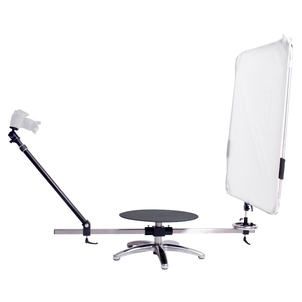 V360PRO 360° Camera Booth Spinning Rig Video Platform with background and camera attached