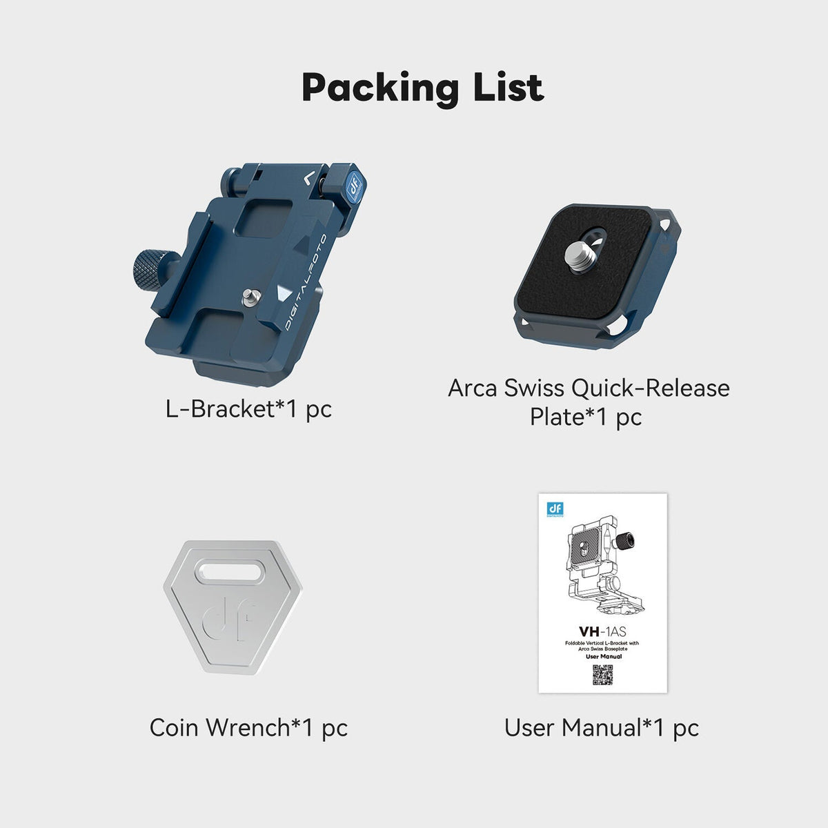 DigitalFoto VH-1AS  Foldable Vertical L-Bracket With Arca-Swiss Plate Box Content
