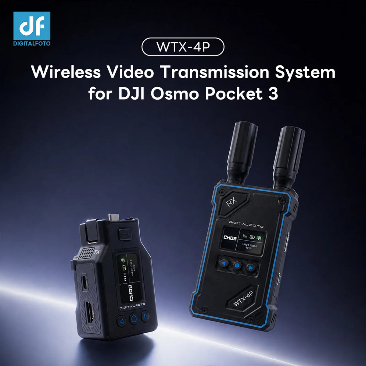 Wireless video transmission system for DJI Osmo Pocket 3 with DigitalFoto branding on a dark background.