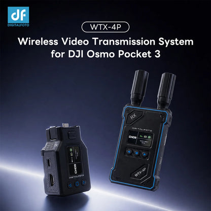 Wireless video transmission system for DJI Osmo Pocket 3 with DigitalFoto branding on a dark background.