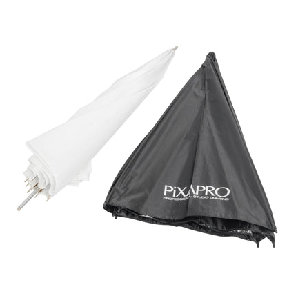 PiXAPRO 40-inch 2in1 Black/Silver/White Bounce Umbrella collapsed with outer cover removed