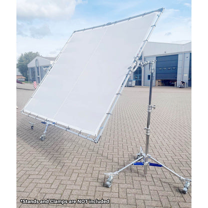 PiXAPRO 300x300cm Butterfly Frame Sun Shade Scrim Diffuser on a metal stand with wheels outdoors