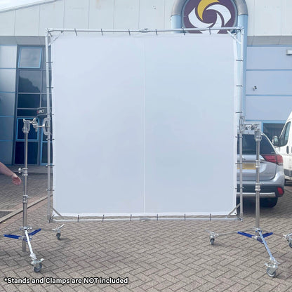 PiXAPRO 300x300cm Butterfly Frame Sun Shade Scrim Diffuser on a metal stand with wheels outdoors