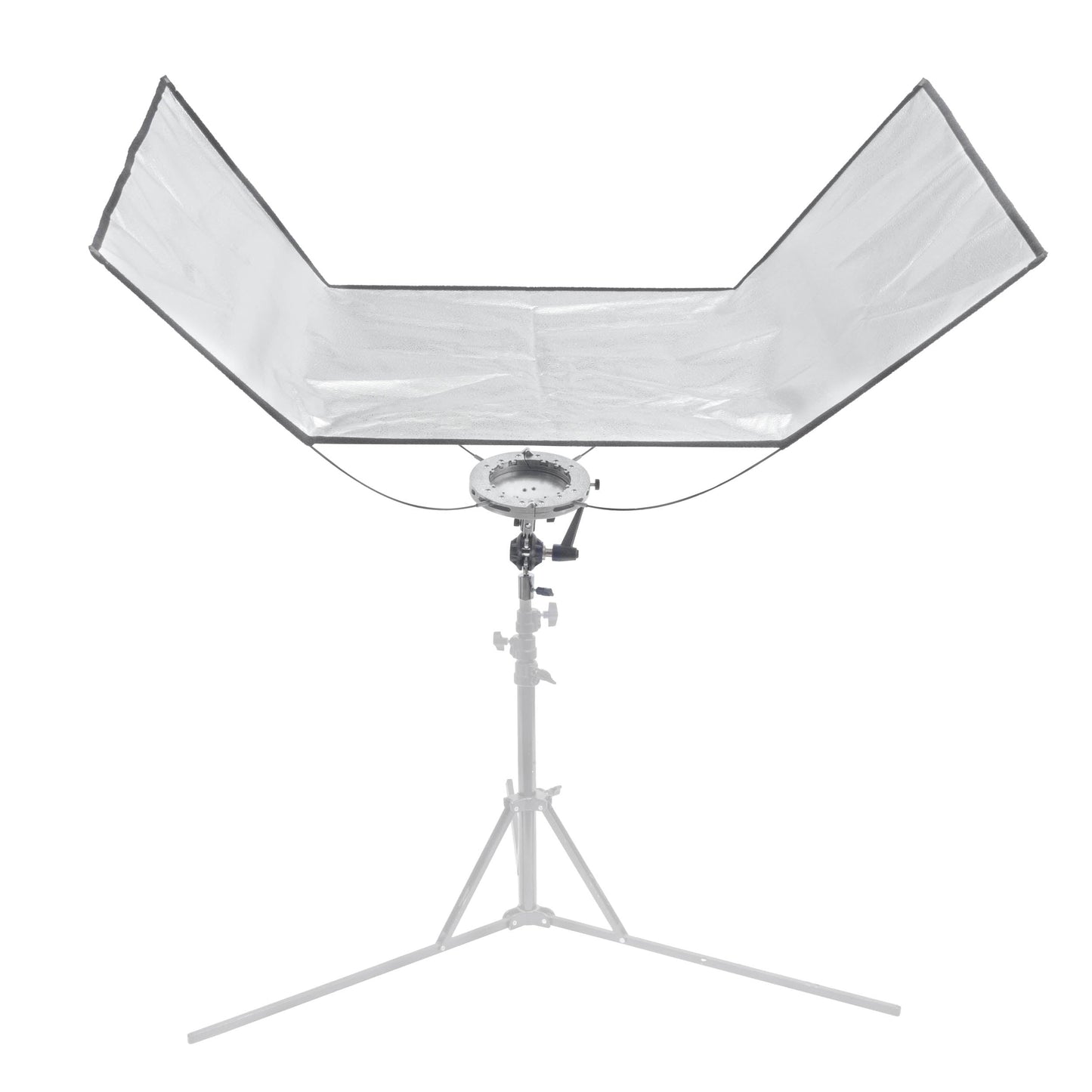 The Pixapro 60x150cm Flatpak Eyelighter mounted to a stand with its silver-surface
