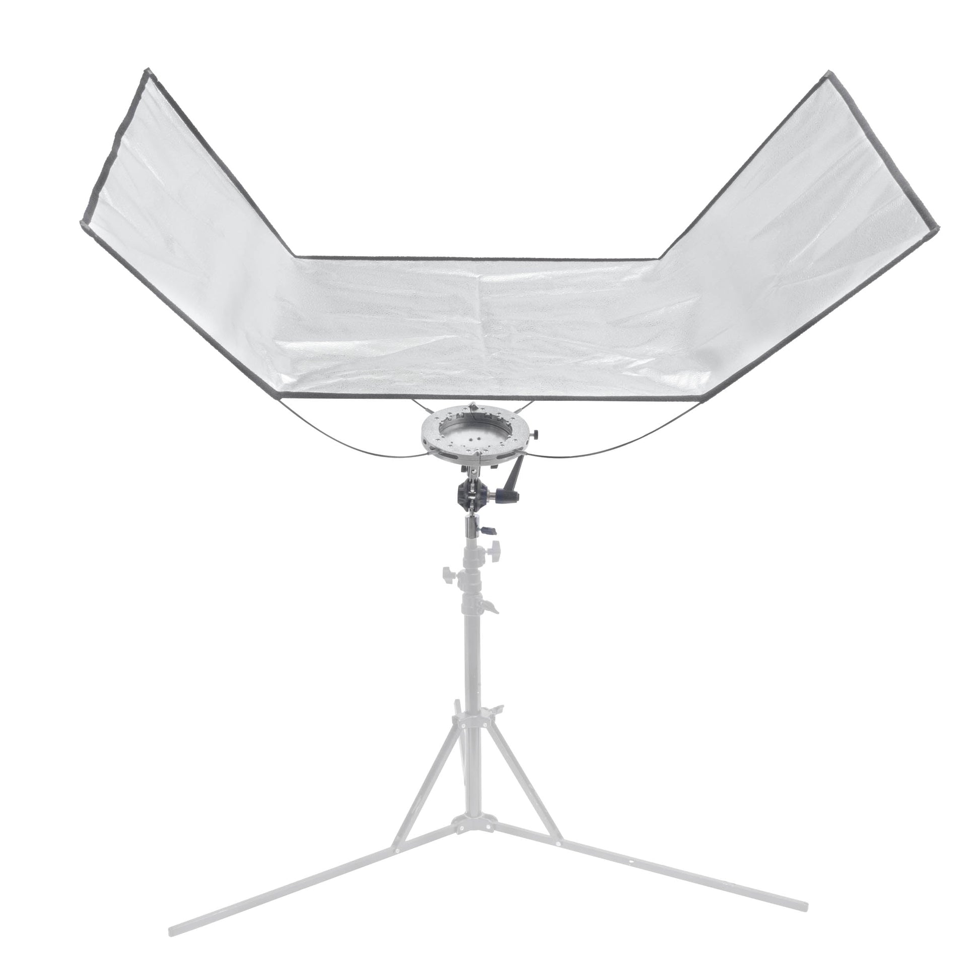 The Pixapro 60x150cm Flatpak Eyelighter mounted to a stand with its silver-surface