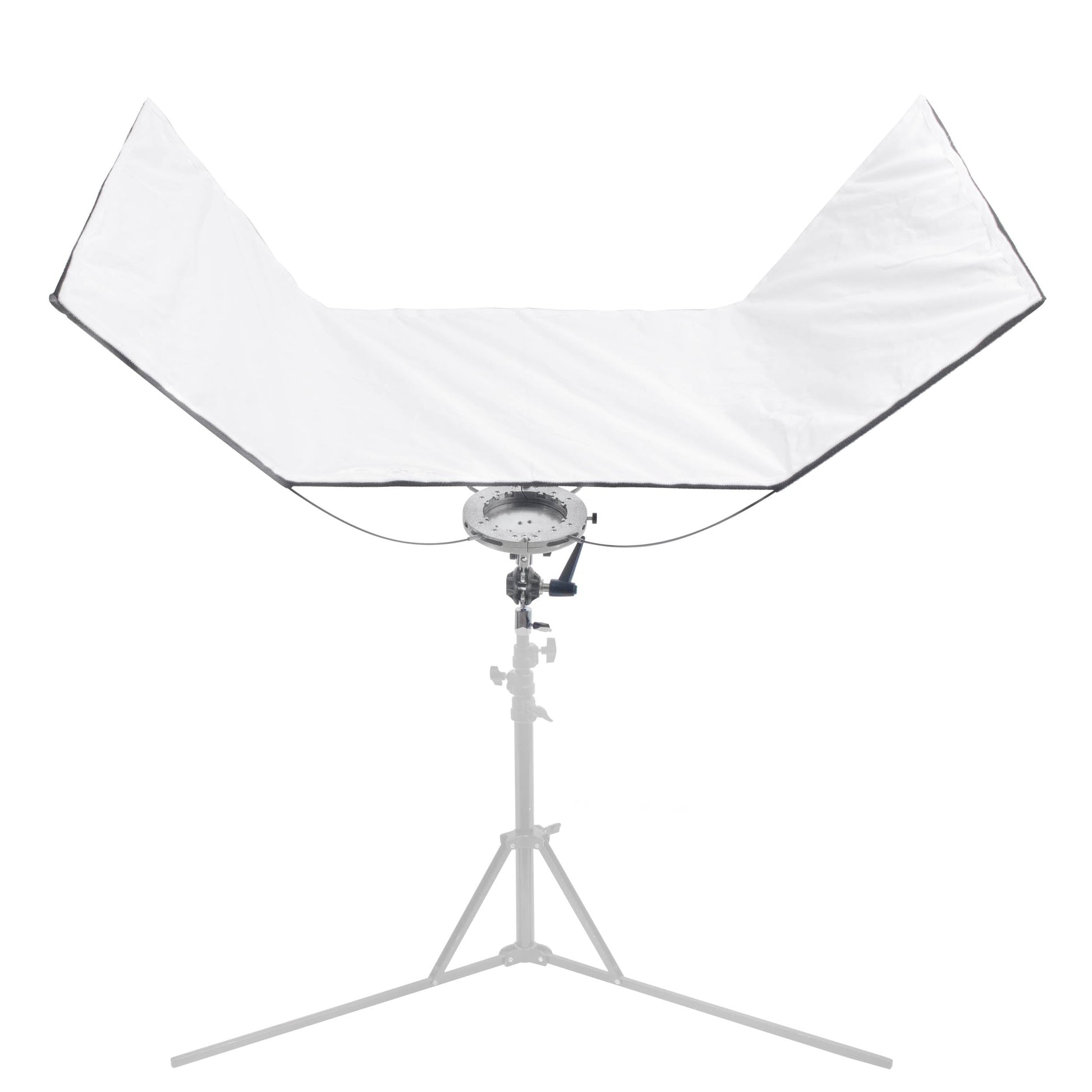The Pixapro 60x150cm Flatpak Eyelighter mounted to a stand with its white surface