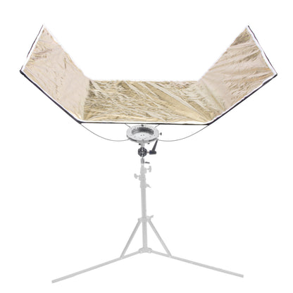 The Pixapro 60x150cm Flatpak Eyelighter mounted to a stand with its soft-gold silver/gold mix surface