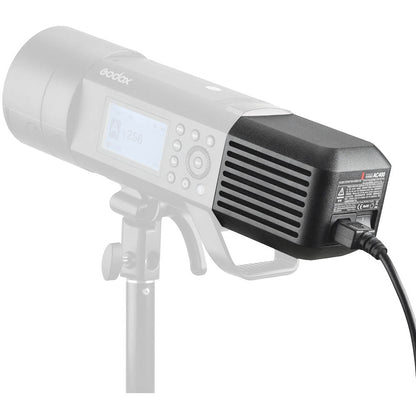 GODOX AC400 Mains AC Power Adapter mounted to an AD400Pro  Portable Battery Flash 