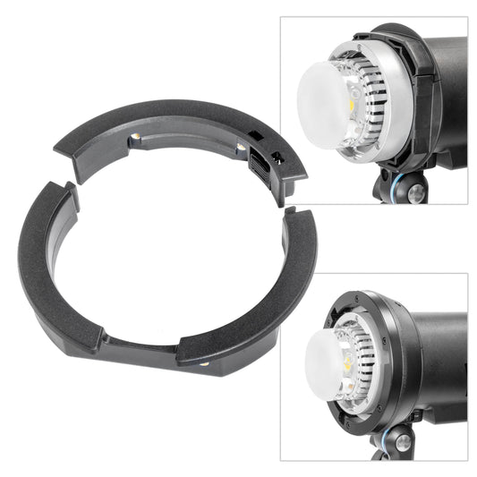 The GODOX AD-AB Converter ring with two inset images showing how it is used.
