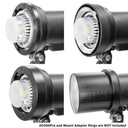 The GODOX AD-AB converter ring used to mount a Bowens S-Type, an Elinchrom, a Broncolor, and a Profoto mount adapter to an AD300Pro