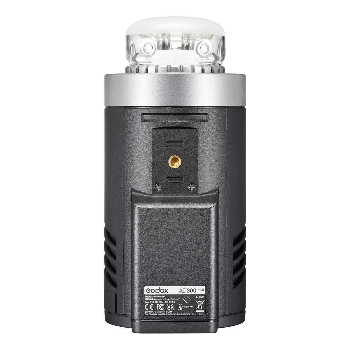 The Godox AD300proII Portable Battery Flash (Bottom View With No Reflector)