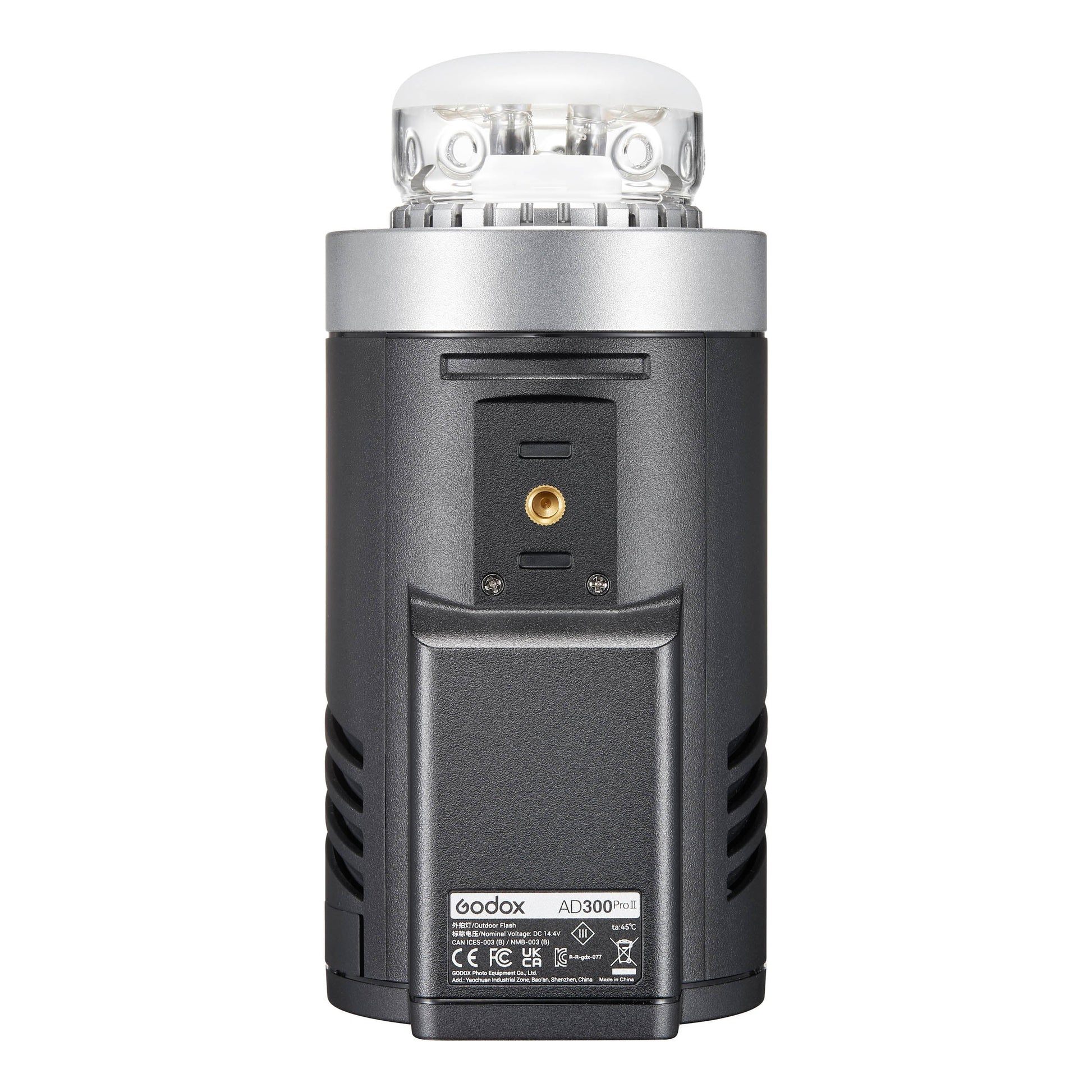 The Godox AD300proII Portable Battery Flash (Bottom View With No Reflector)