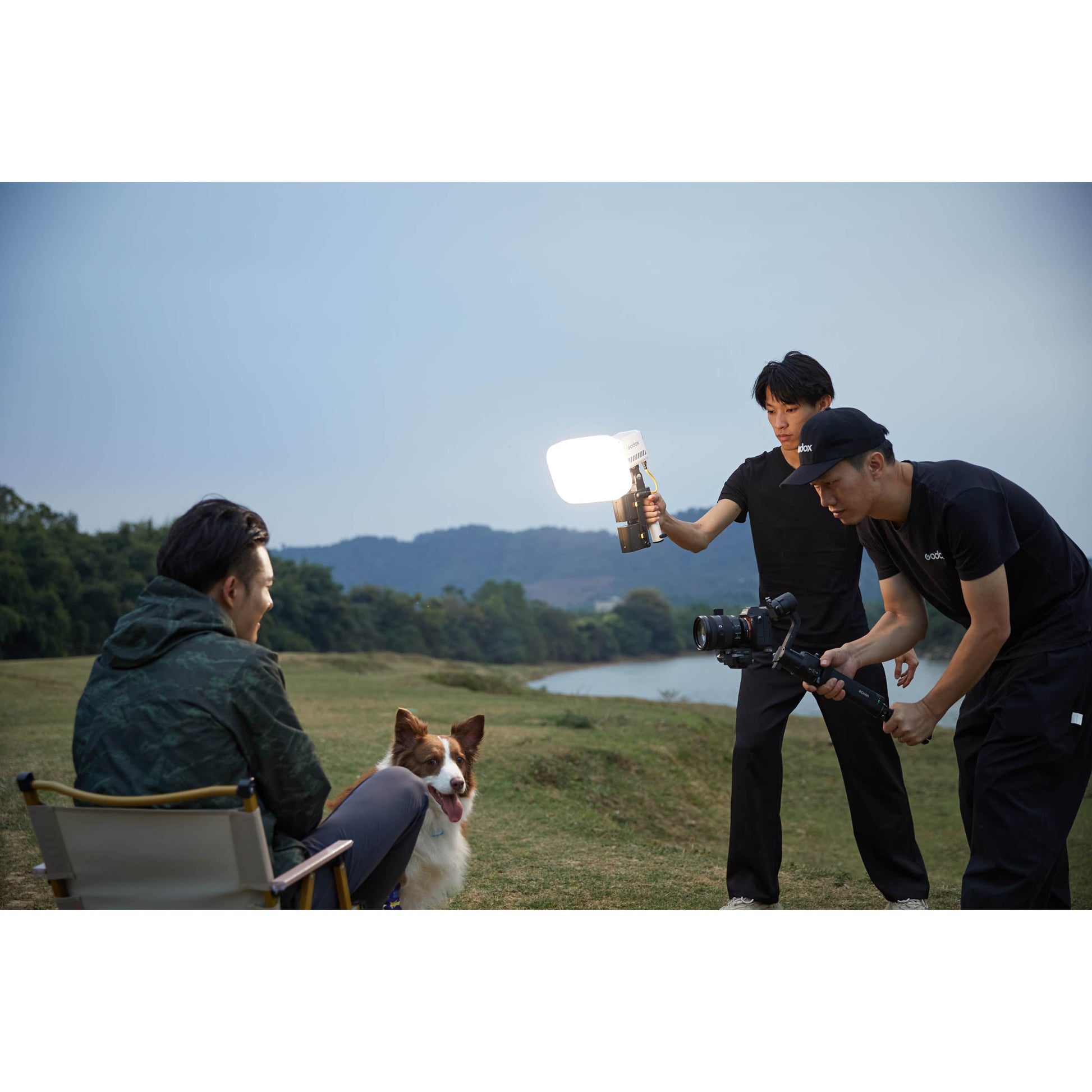 GODOX AK-B01 NP-F Battery Plate Grip Mounted to a Godox ML60II Bi Being used to power an ML60II Bi on location