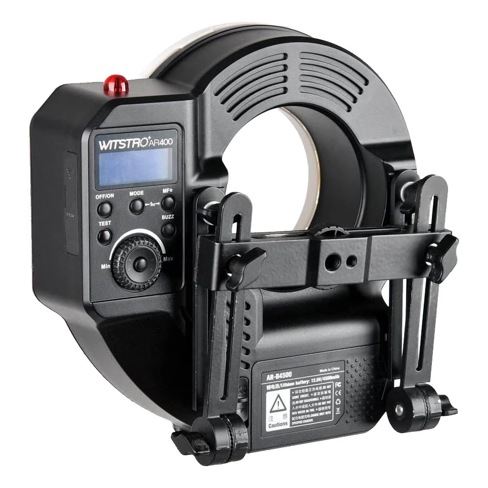 Godox AR400 400Ws Battery-Powered Ring Flash Back View With Camera Bracket Folded up