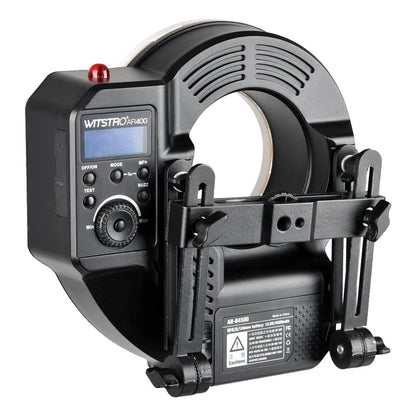 Godox AR400 400Ws Battery-Powered Ring Flash Back View With Camera Bracket Folded up