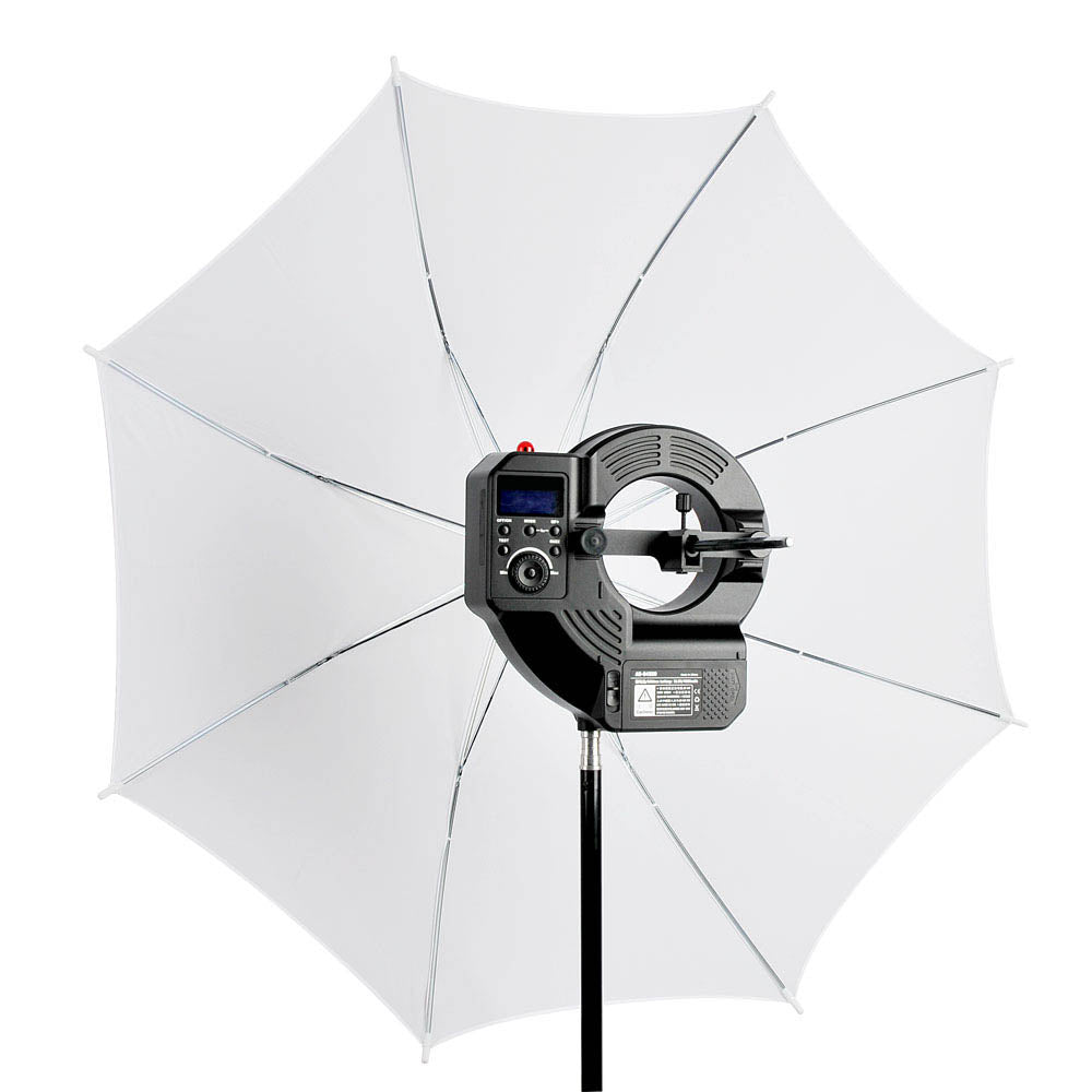 Godox AR400 400Ws Battery-Powered Ring Flash with an Umbrella Mounted to it