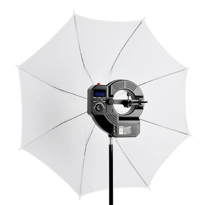 Godox AR400 400Ws Battery-Powered Ring Flash with an Umbrella Mounted to it