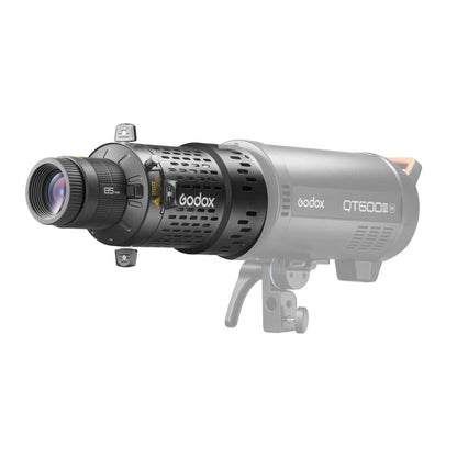 Godox BFP Flash projector mounted to a Godox QT600III