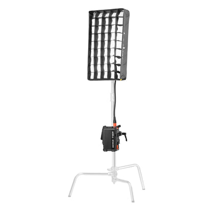 GODOX KNOWLED F100R RGB LED Light Mat With the softbox mounted to a C-Stand