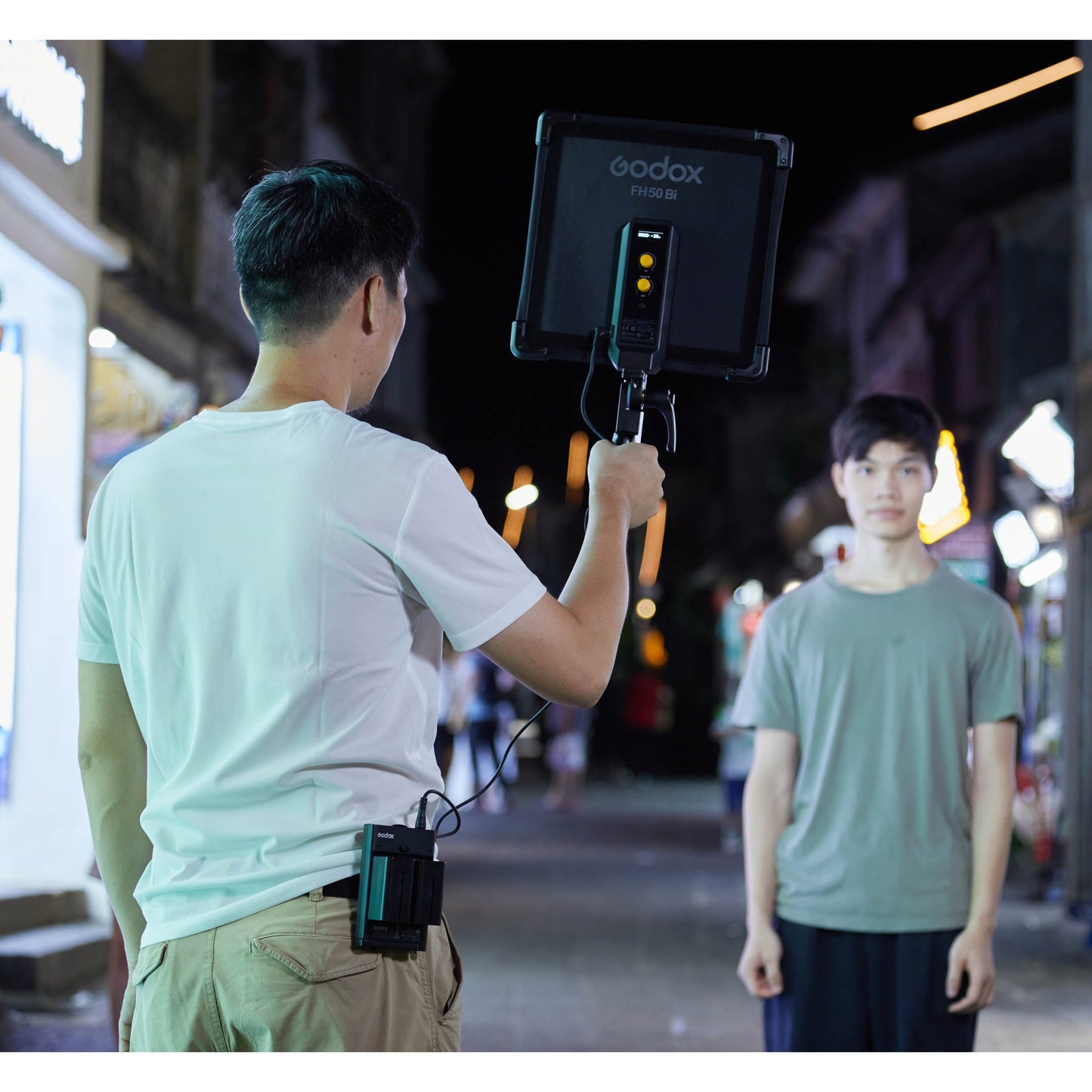 Godox FH50Bi Flexible Bi-Colour LED Light Panel being used outdoors at night