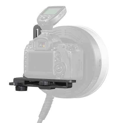 Godox FLB-02 Camera bracket mounted to an R2400 Ring flash with a camera attached