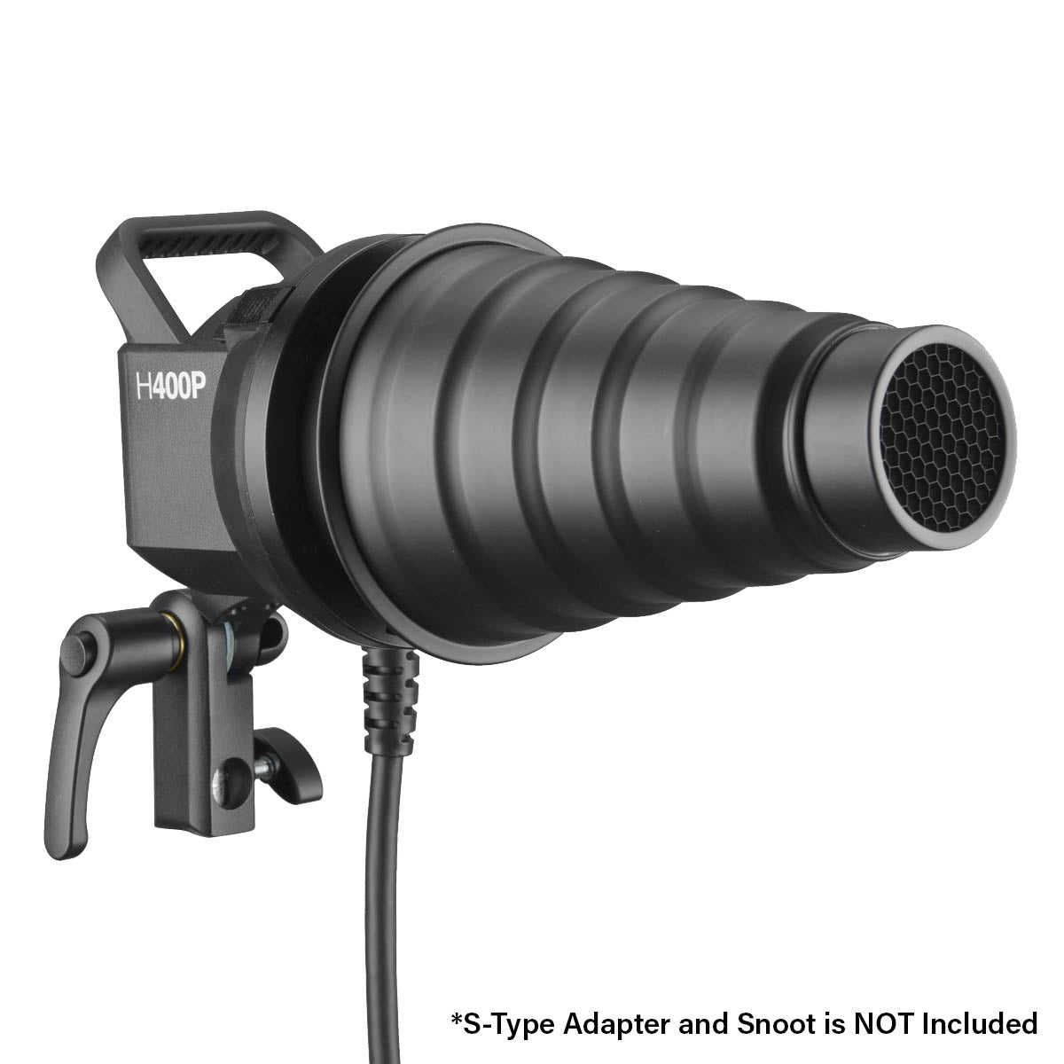 Godox H400P Extension Head for the AD400Pro and AD400ProII With  Bowens S-Type Adapter and a snoot Attached