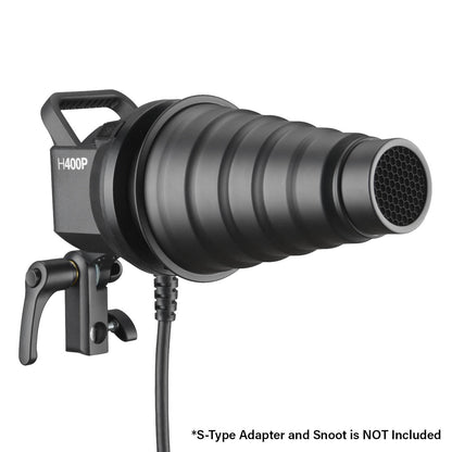 Godox H400P Extension Head for the AD400Pro and AD400ProII With  Bowens S-Type Adapter and a snoot Attached