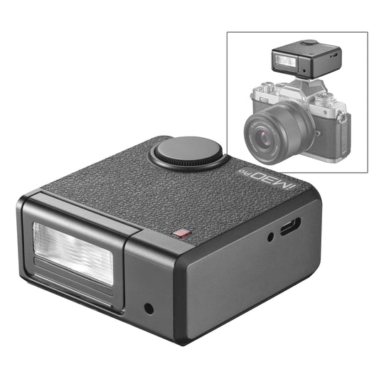 A Godox iFlash iM30Pro and a small inset image showing it mounted to a camera.