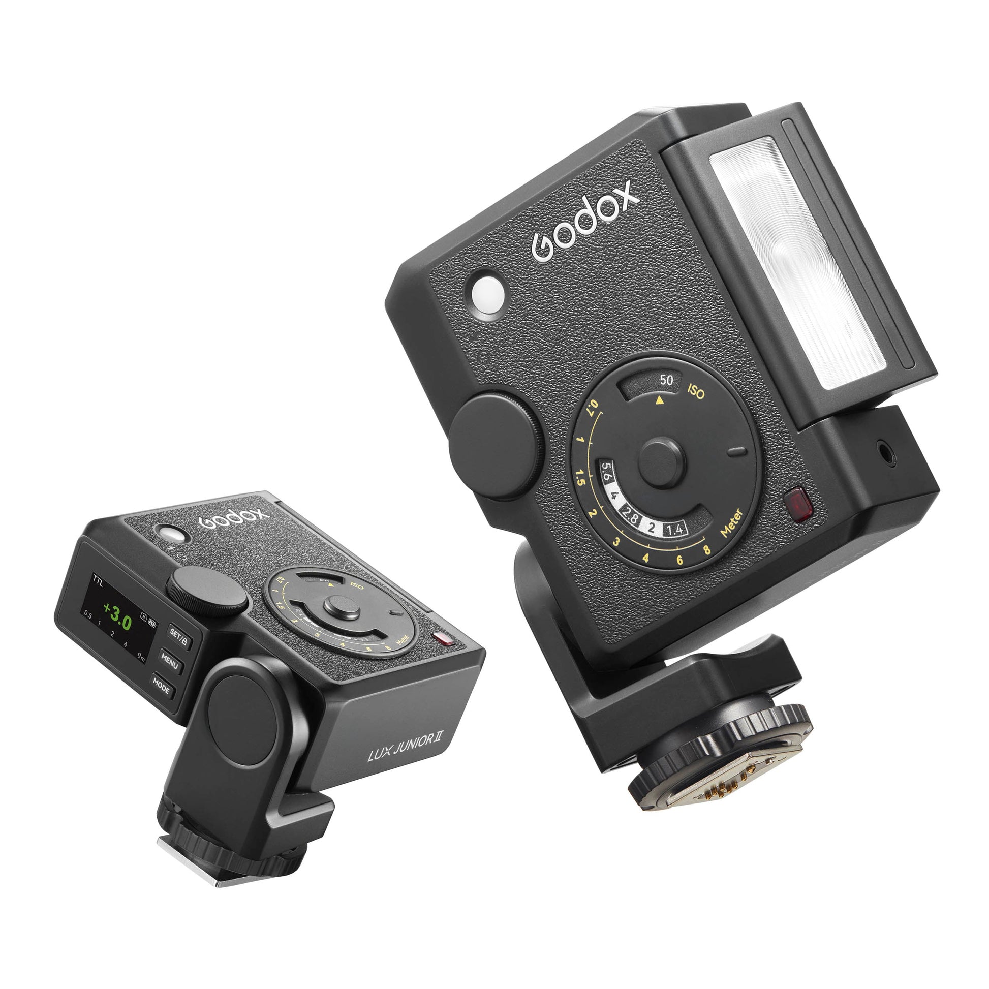 Two Godox Lux Junior II flashes shown on a clean white background, one in a wider side view and one in a closer front/top view.
