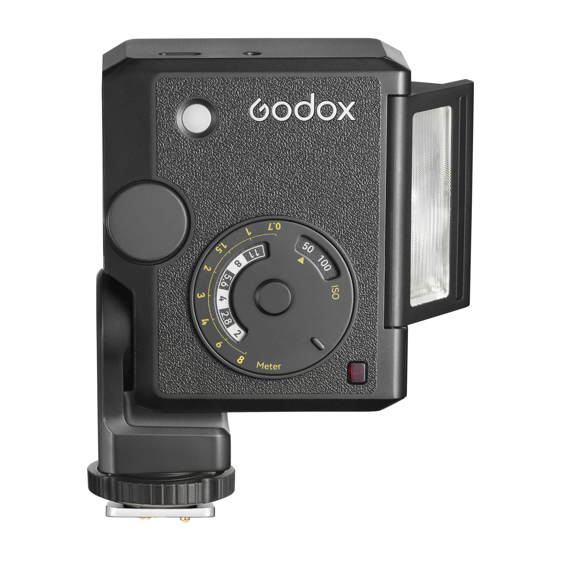 Godox Lux Junior II flash in its vertical position shown on a clean white background (Side view with the flash tilted)