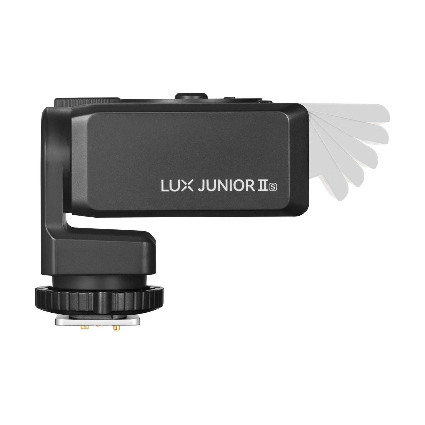 Godox Lux Junior II flash showing the range of tile motion thet flash head has