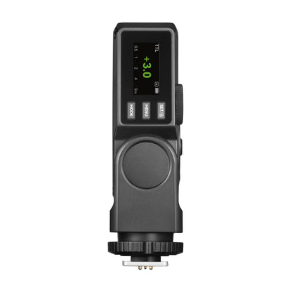 Godox Lux Junior II flash in its vertical position shown on a clean white background (Back View)