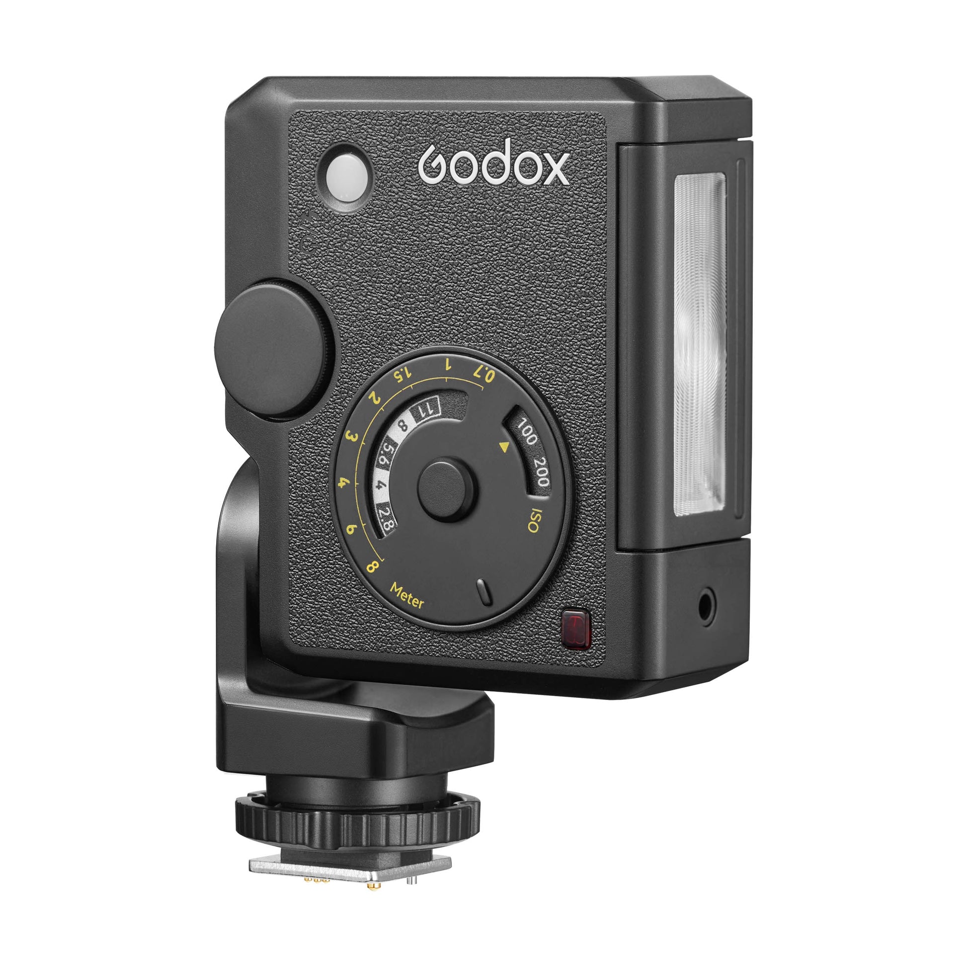 Godox Lux Junior II flash in its vertical position shown on a clean white background (Three-Quarter View)