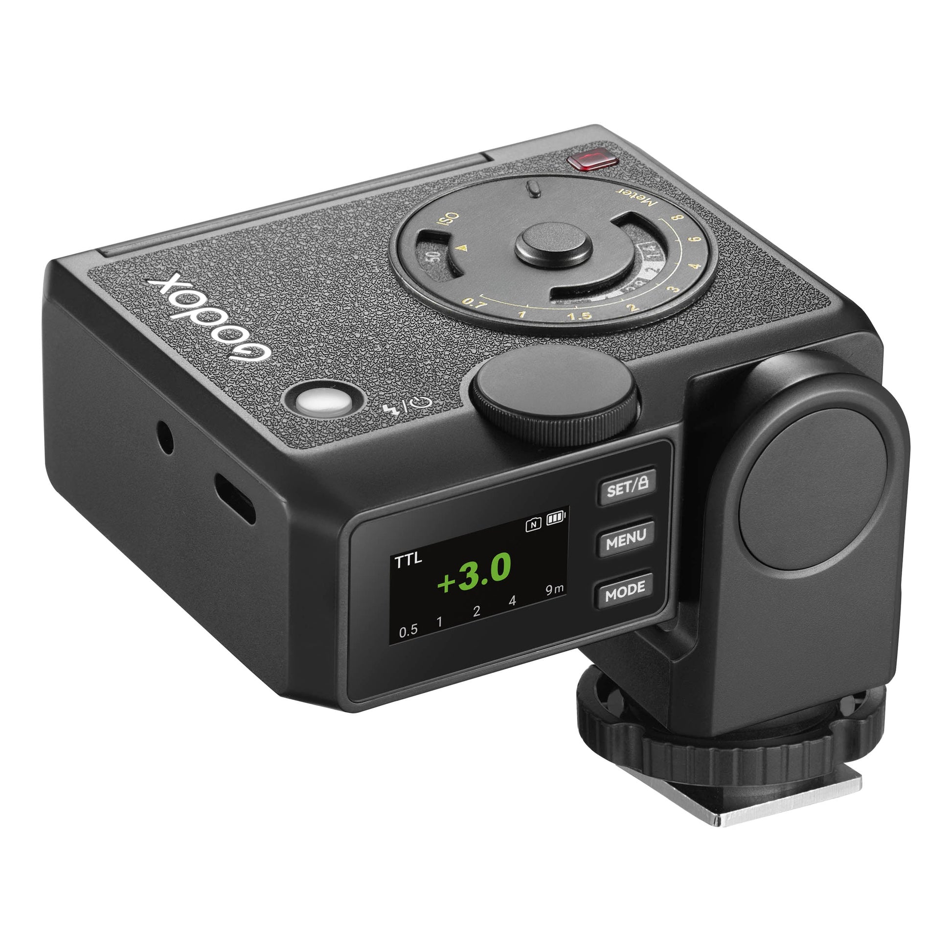 Godox Lux Junior II flash shown on a clean white background (Three-Quarter Back View)