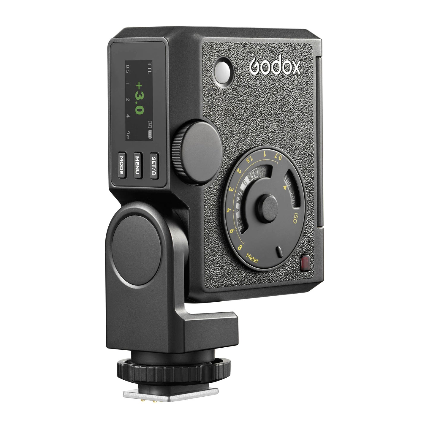 Godox Lux Junior II flash in its vertical position shown on a clean white background (Three-Quarter back View)