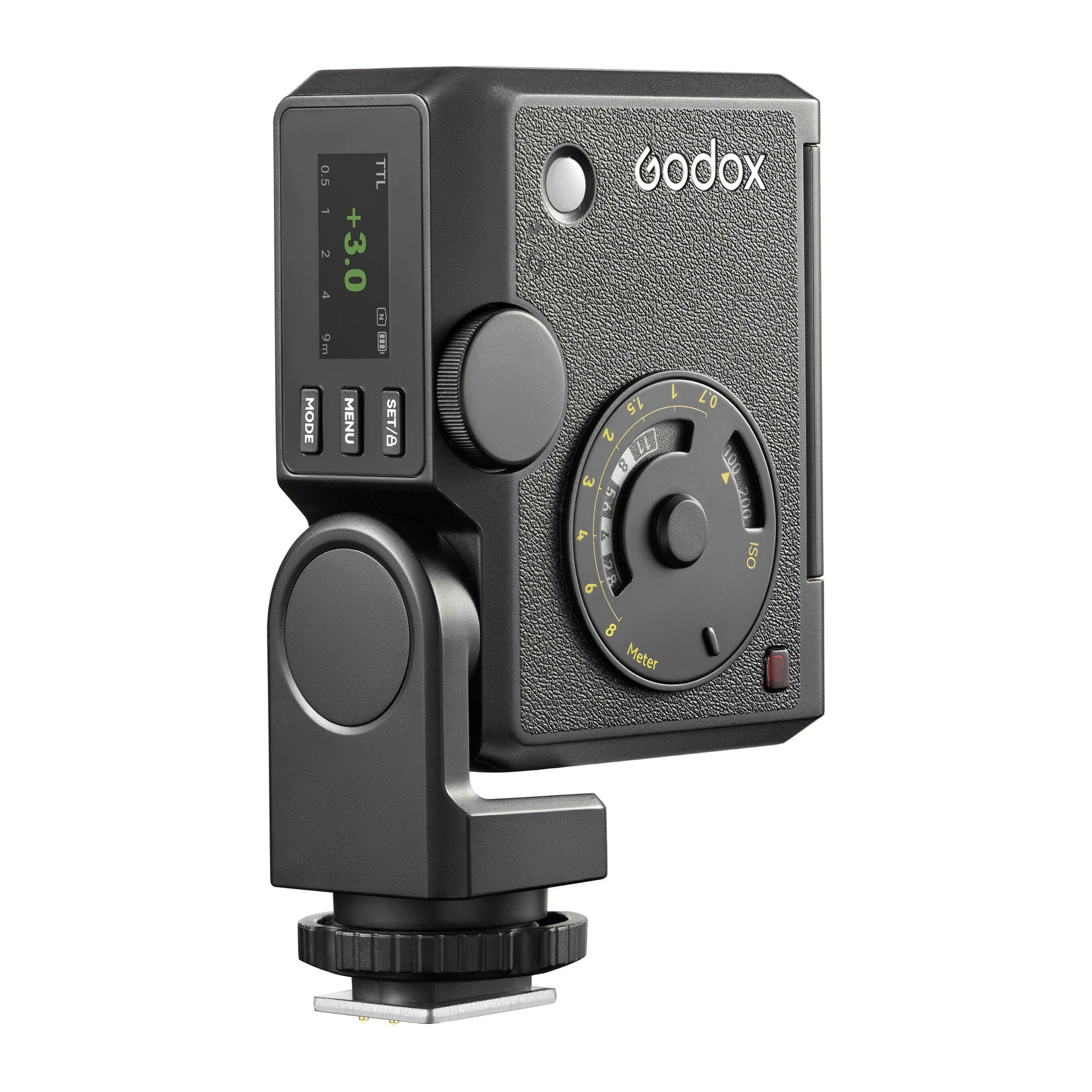 Godox Lux Junior II flash in its vertical position shown on a clean white background (Three-Quarter back View)