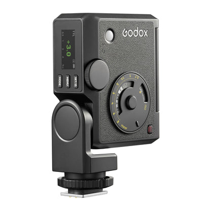 Godox Lux Junior II flash in its vertical position shown on a clean white background (Three-Quarter back View)