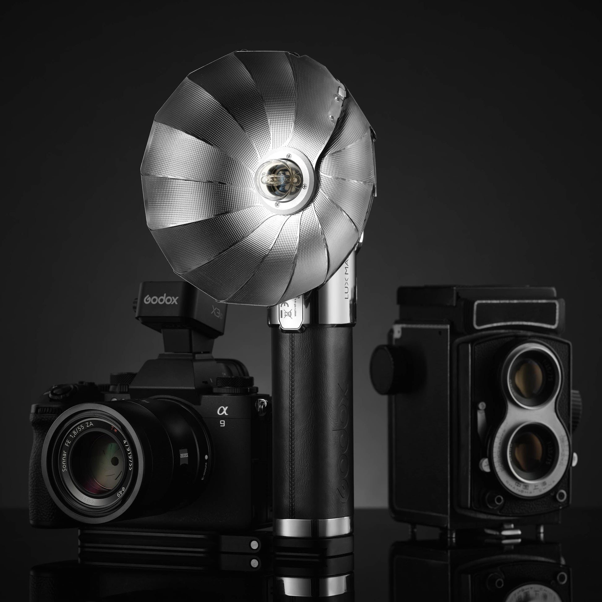 The LUX Master With a Modern Mirroless camera, and an old Twin Lens Reflex Film camera