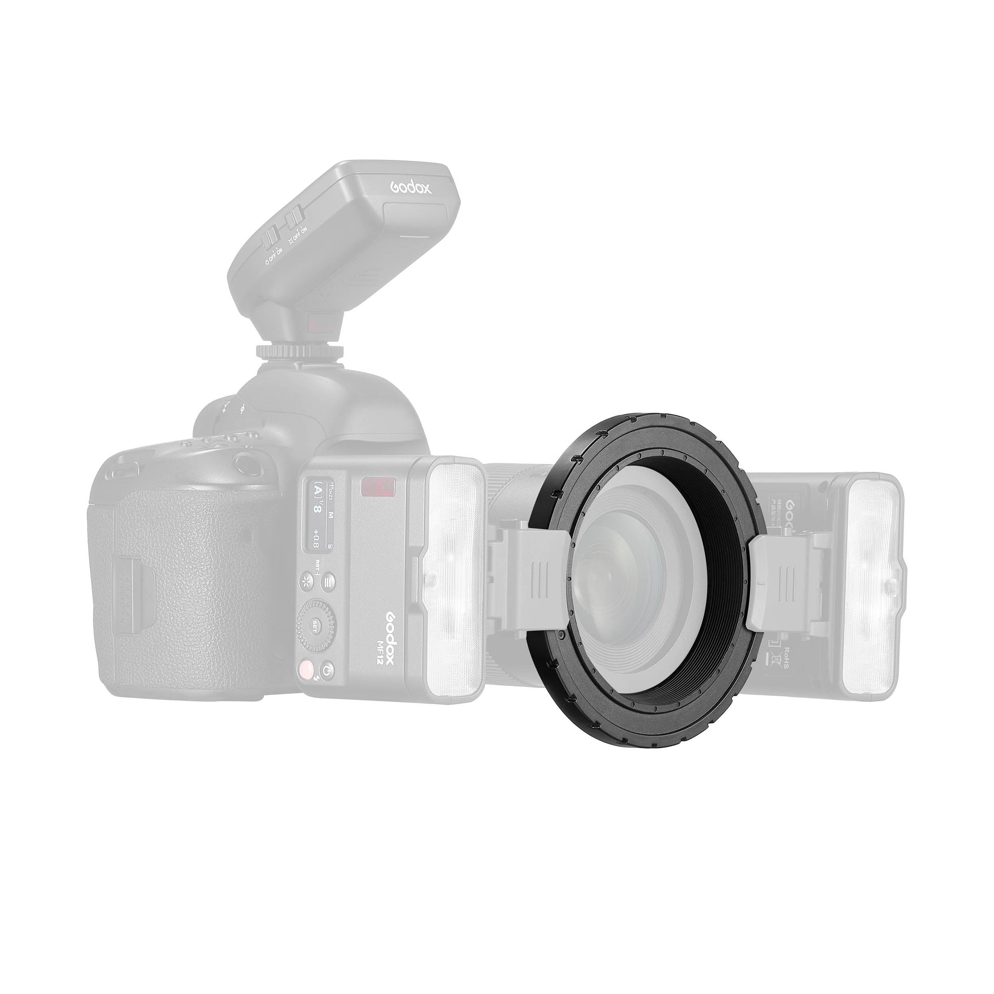 MF-AR Lens Mounting Adapter for MF12 Macro Flash Mounted to a Camera with 2x MF12 Flashes mounted to it