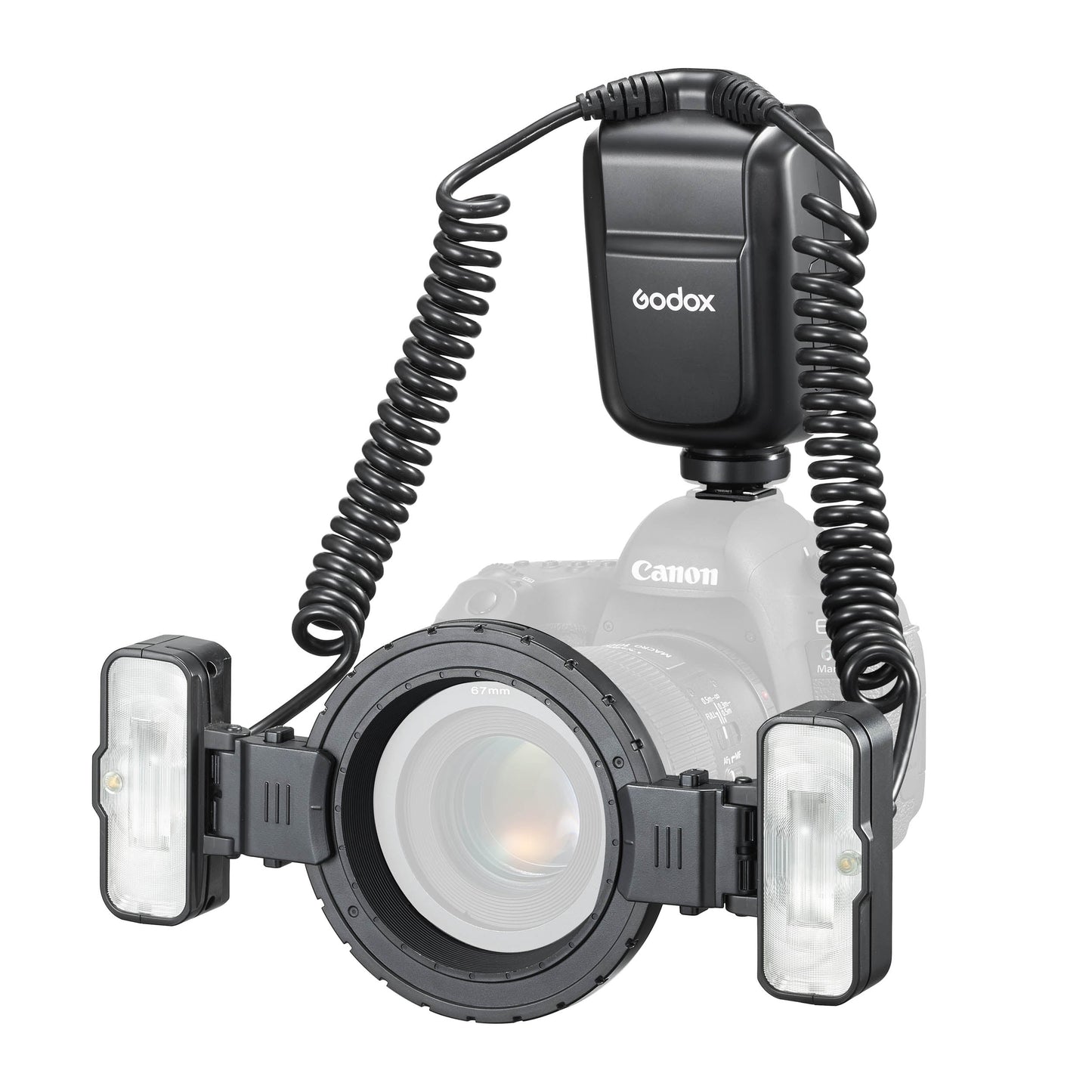 Godox MF-T76 Twin-Head Macro Flash mounted to a greyed-out camera