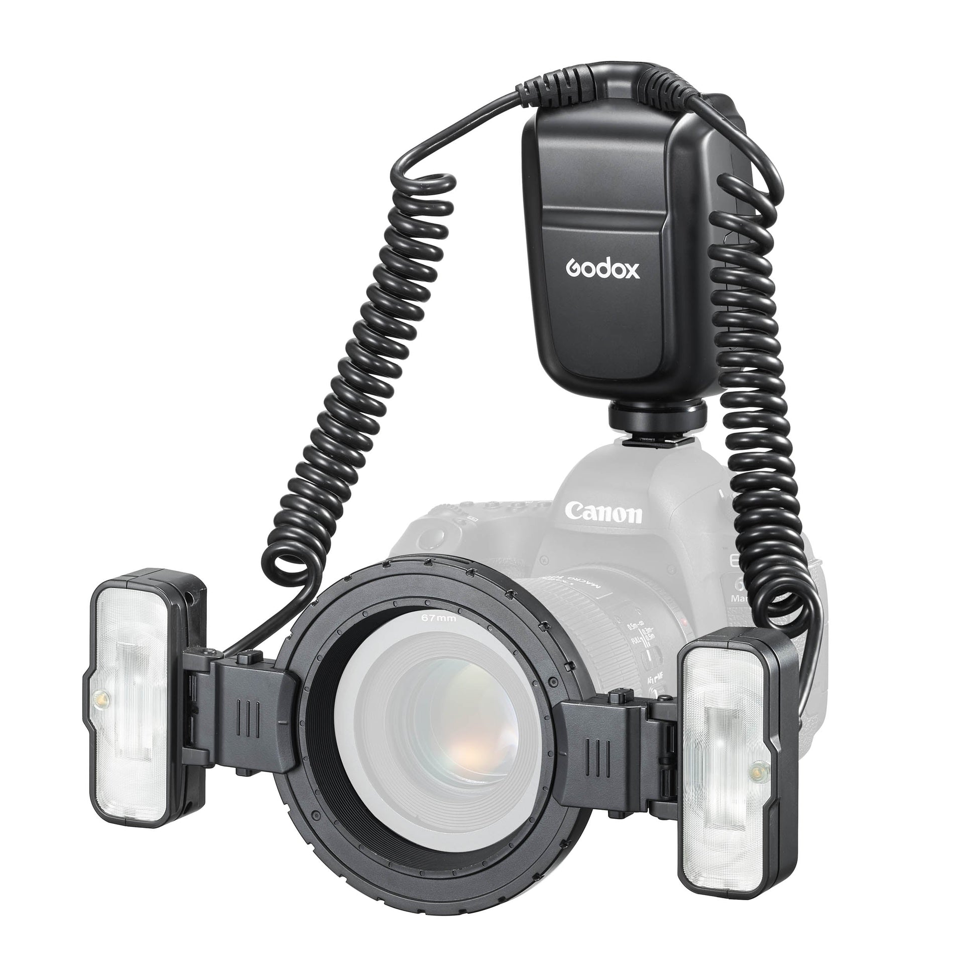 Godox MF-T76 Twin-Head Macro Flash mounted to a greyed-out camera