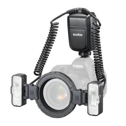 Godox MF-T76 Twin-Head Macro Flash mounted to a greyed-out camera
