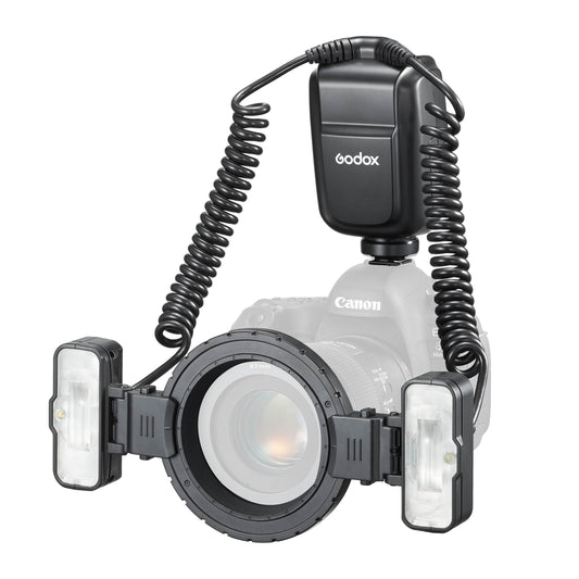Godox MF-T76 Twin-Head Macro Flash mounted to a greyed-out camera